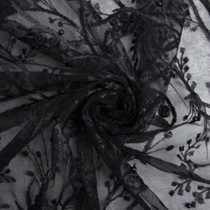 Тканина сітка вишивка з перлинами Лола чорна