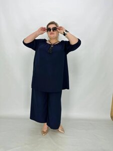 Вільний жіночий костюм "Світанок" літній з тунікою і широкими штанами 58-76 великого розміру Батал