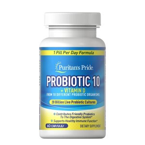 Пробіотики і пребіотики Puritan's Pride Probiotic 10 with Vitamin D, 60 капсул