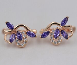 Позолочені сережки з фіолетовими цирконами код 1359