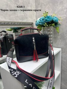 Натуральна замша. Чорний з червоним краєм- якісний клатч-чемоданчик Lady Bags на два відділення з двома знімними