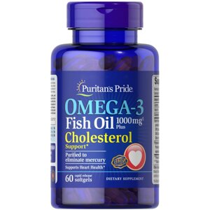 Жирні кислоти Puritan's Pride Omega 3 Fish Oil 1000 mg Plus Cholesterol Support, 60 капсул