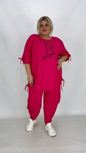 Яскрава жіноча Туніка "Стяжка" літня вільного крою з принтом 66-70 72-76 рожевого кольору зі стяжками на рукавах