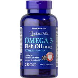 Жирні кислоти Puritan's Pride Omega 3 Fish Oil 1000 mg, 250 капсул