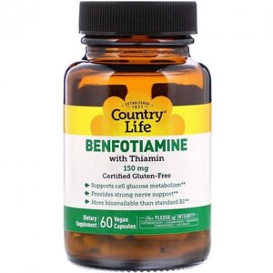 Вітаміни та мінерали Country Life Benfotiamine with Thiamine, 60 вегакапсул