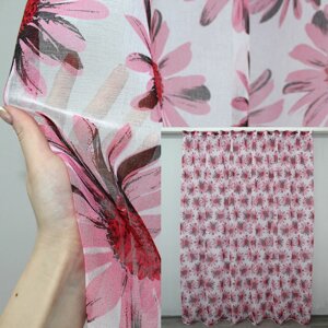 Тюль батист, колекція "Flora". Колір білий з рожевим квітковим принтом. Код 1170т