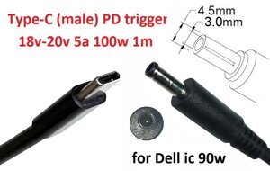 Кабель-перехідник тригер PD 18-20v Type-C (max 5a, 100w) на 4.5x3.0(2.7) mm (+pin) 1m з USB Type-C (male) Power