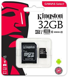 Карта памяти Kingston microSDHC/SDXC UHS-I Class 10 Canvas Select SD адаптер 32Gb