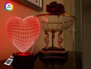 3D нічник "Серце" (ВОЛІЧНЕ ЗОБРАЖЕННЯ) + пульт ДК + мережевий адаптер + батарейки (3ААА)  3DTOYSLAMP