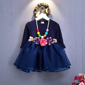 Сукня дитяча з поясом з квіточками темно-синя розмір 120