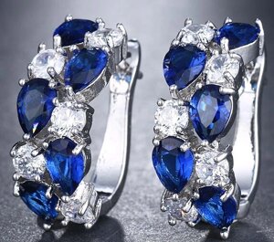 Позолочені сережки із синіми та білими кристалами код 521