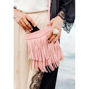 Шкіряна жіноча сумка з бахромою міні-кроссбоді Fleco рожева