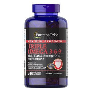 Жирні кислоти Puritan's Pride Triple Omega 3-6-9 Fish, Flax Borage Oils Maximum Strength, 240 капсул