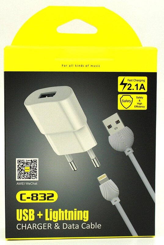 Сетевое зарядное устройство AWEI C-832 Travel charger + Lightning cable 1USB 2.1A Black від компанії Shock km ua - фото 1