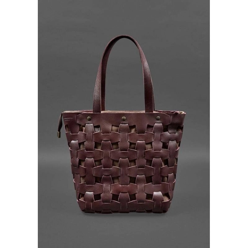 Шкіряна плетена жіноча сумка Пазл L бордова краст від компанії Shock km ua - фото 1