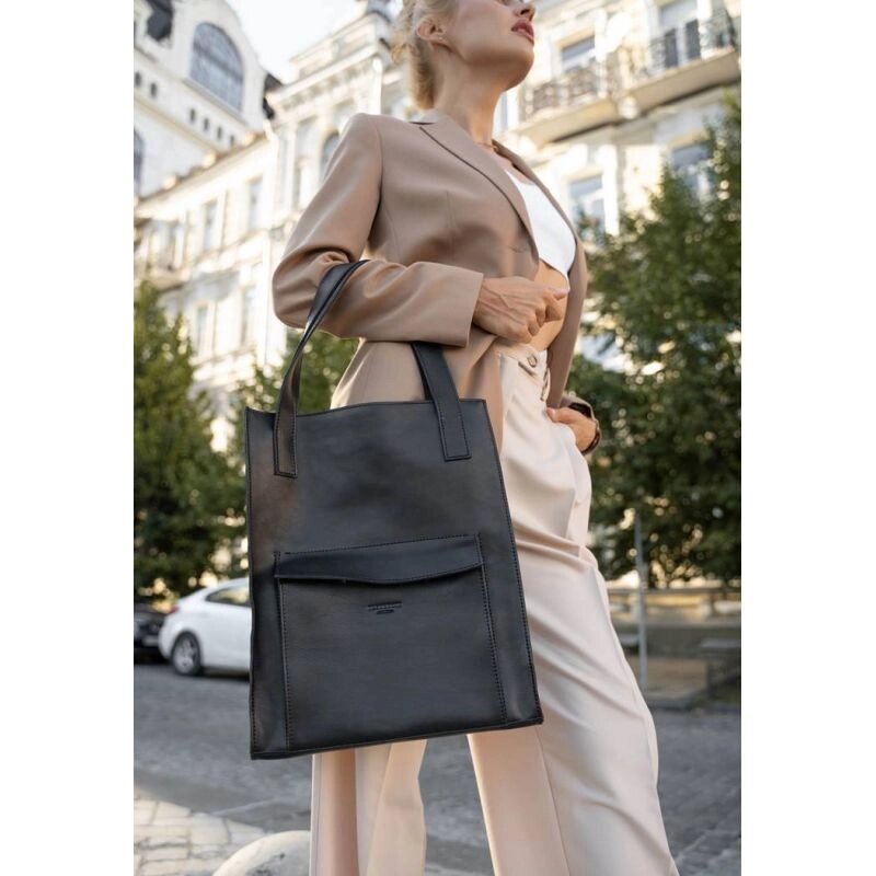 Шкіряна жіноча сумка шоппер Бетсі з кишенею чорна Краст від компанії Shock km ua - фото 1