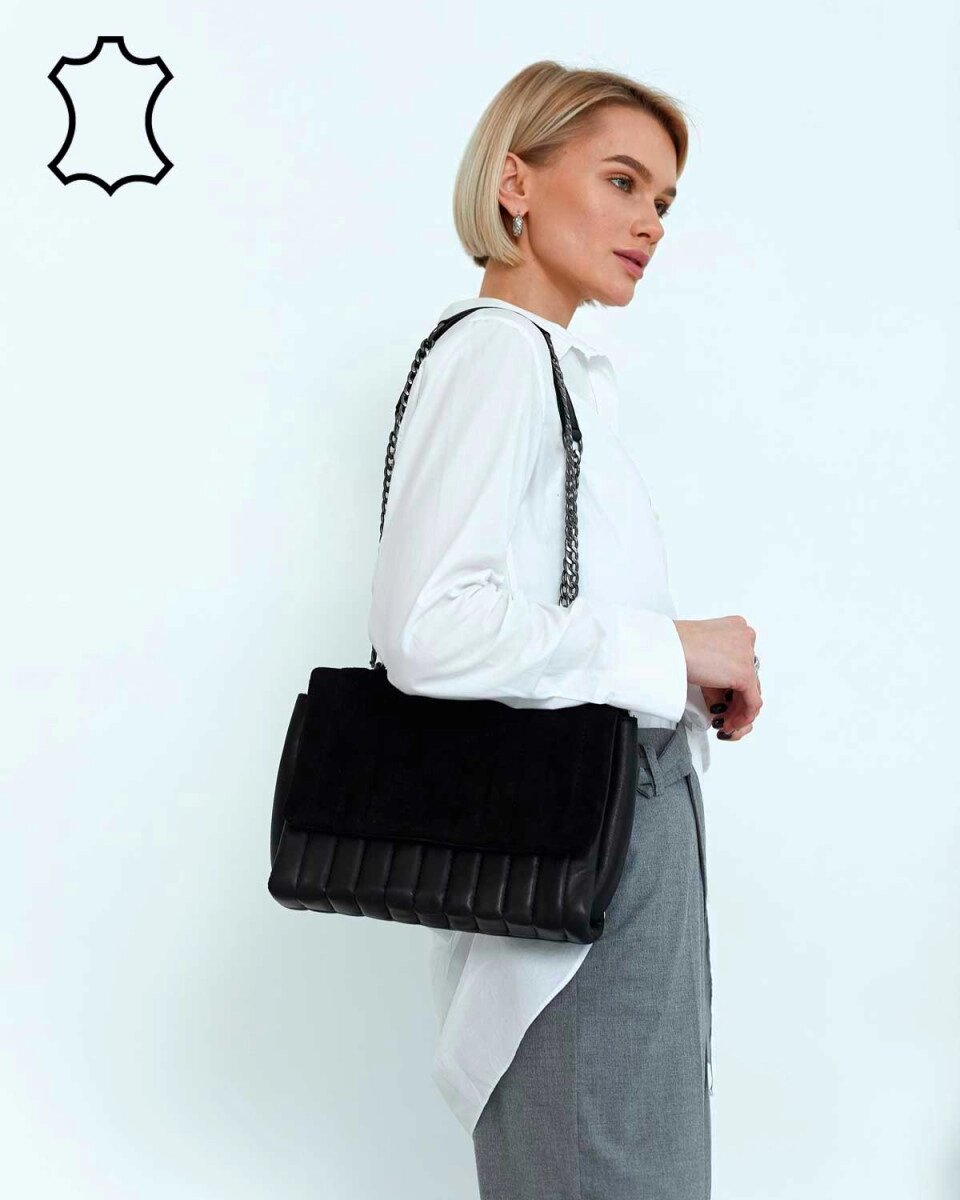Шкіряна жіноча сумка «Теммі» чорна з замшем від компанії Shock km ua - фото 1