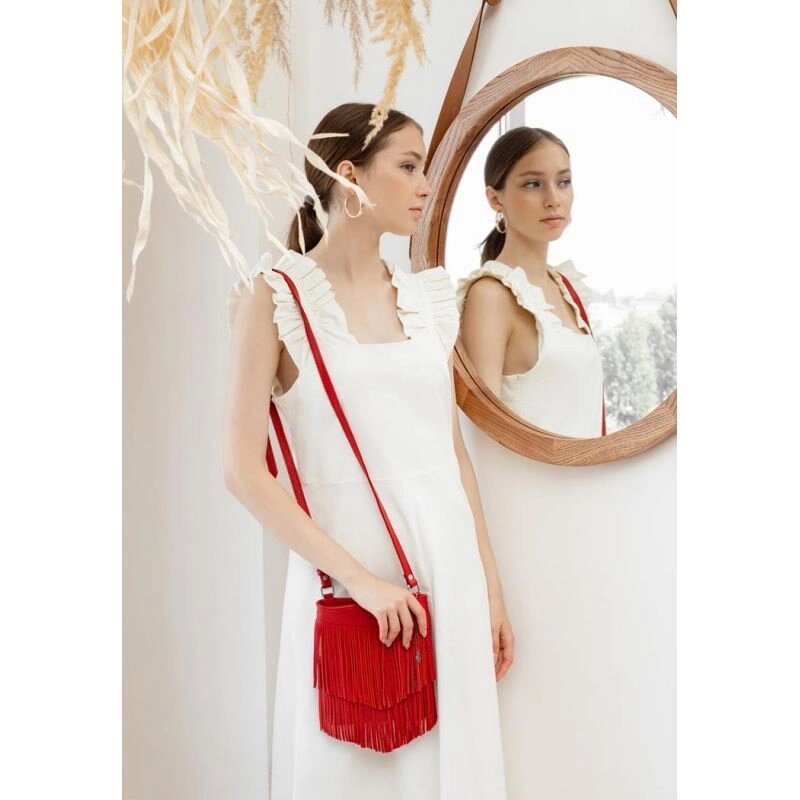 Шкіряна жіноча сумка з бахромою міні-кроссбоді Fleco червона від компанії Shock km ua - фото 1