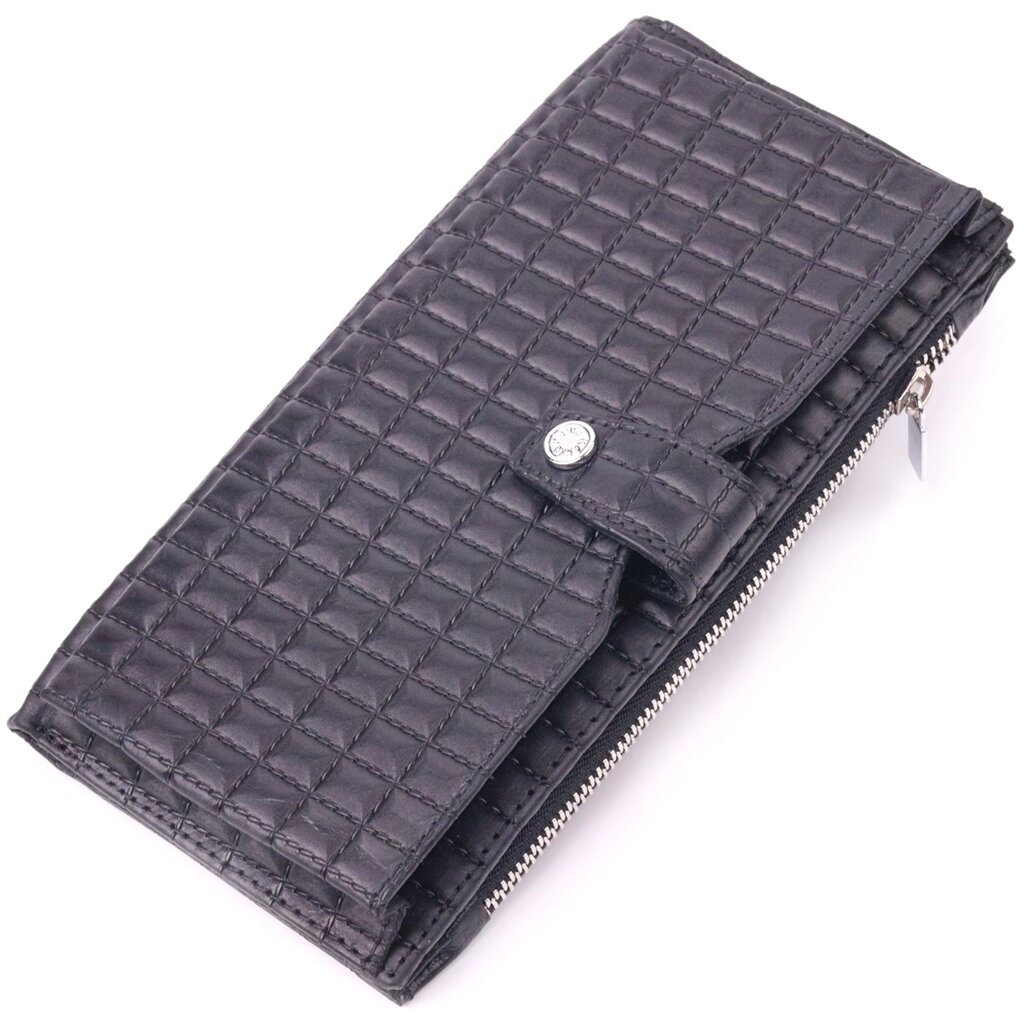 Стеганий вертикальний чоловічий гаманець з натуральної шкіри KARYA 21425 Чорний від компанії Shock km ua - фото 1