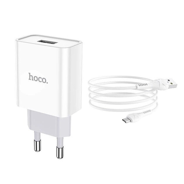 СЗУ зарядний пристрій HOCO C81A 1USB/2.1A з кабелем для заряджання USB - MicroUSB Білий від компанії Shock km ua - фото 1