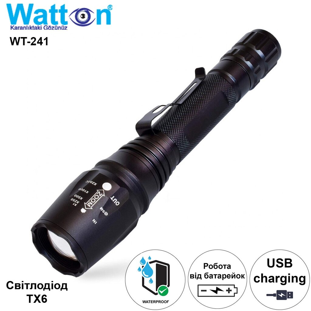 Тактичний світлодіодний акумуляторний фонарь Watton WT-241, ручний фонарик в алюмінієвому корпусі від компанії Shock km ua - фото 1