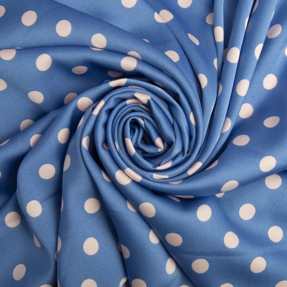 Тканина плательна атлас шовк Горошок білій на блакитній від компанії Shock km ua - фото 1
