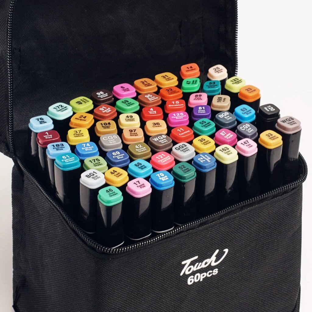 Великий набір скетч маркерів 60 кольорів Touch Raven у чорному чохлі для малювання від компанії Shock km ua - фото 1