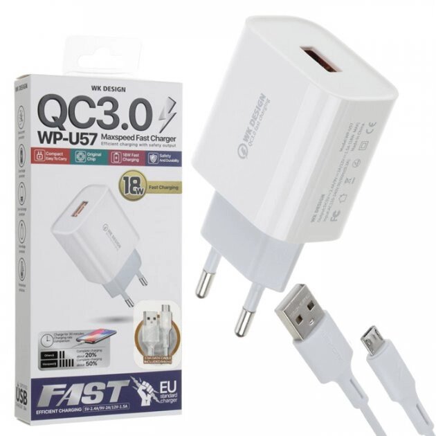 Зарядний пристрій USB з кабелем USB WK Micro USB WP-U57-M-White 1 м від компанії Shock km ua - фото 1