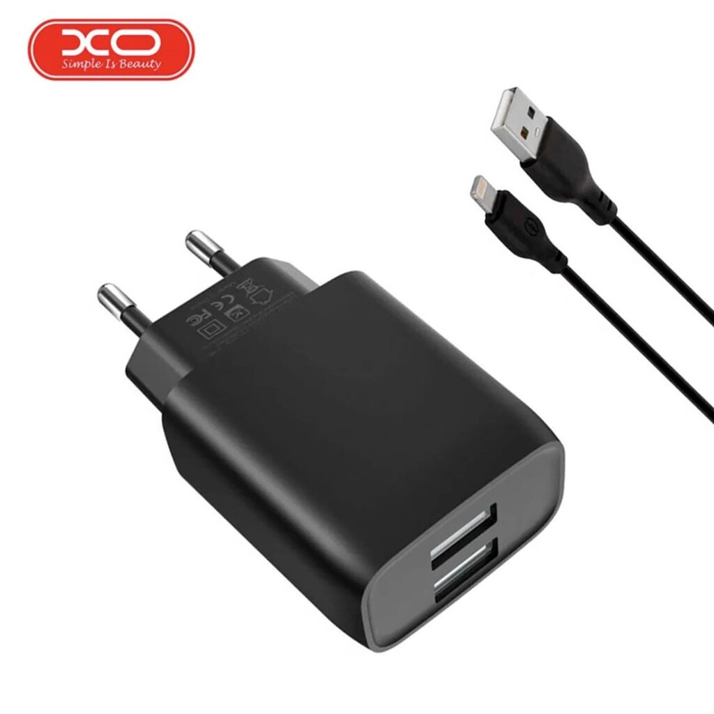 Зарядний пристрій XO L57 з двома портами USB/2.4A і кабелем USB - Lightning Чорний від компанії Shock km ua - фото 1