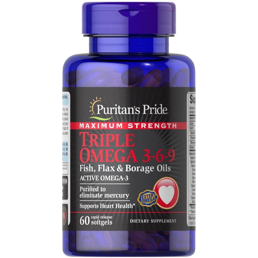 Жирні кислоти Puritan's Pride Triple Omega 3-6-9 Fish, Flax  Borage Oils Maximum Strength, 60 капсул від компанії Shock km ua - фото 1