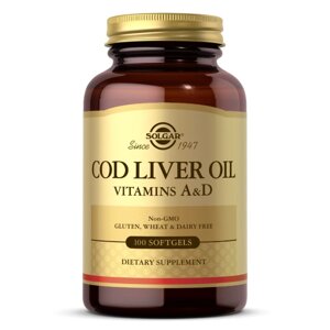 Жирні кислоти Solgar Cod Liver Oil Vitamin A D, 100 капсул