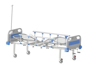 Ліжко медична функціональна АТОН КФ-4-МП-БП-ОП-Ш-К125 з пластиковими бильцями, огорожами, штативом і колесами