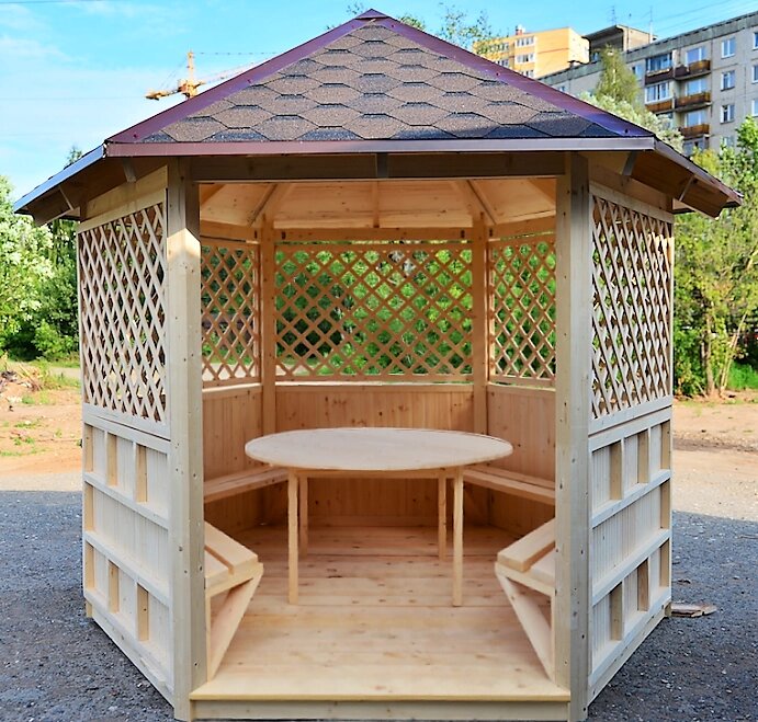 Альтанка шестигранна дерев'яна 5,8 м2 для дачі від виробника Wood Gazebo 009 від компанії Група компаній "Промконтракт ЛТД" - фото 1