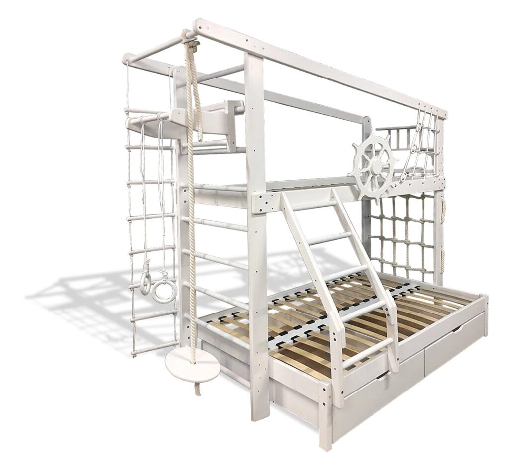 Двох'ярусне спортивна ліжко Капітан зі збільшеним спальному місцем з ящиками і навісними елементами в білому кольорі від компанії Babygrai - фото 1