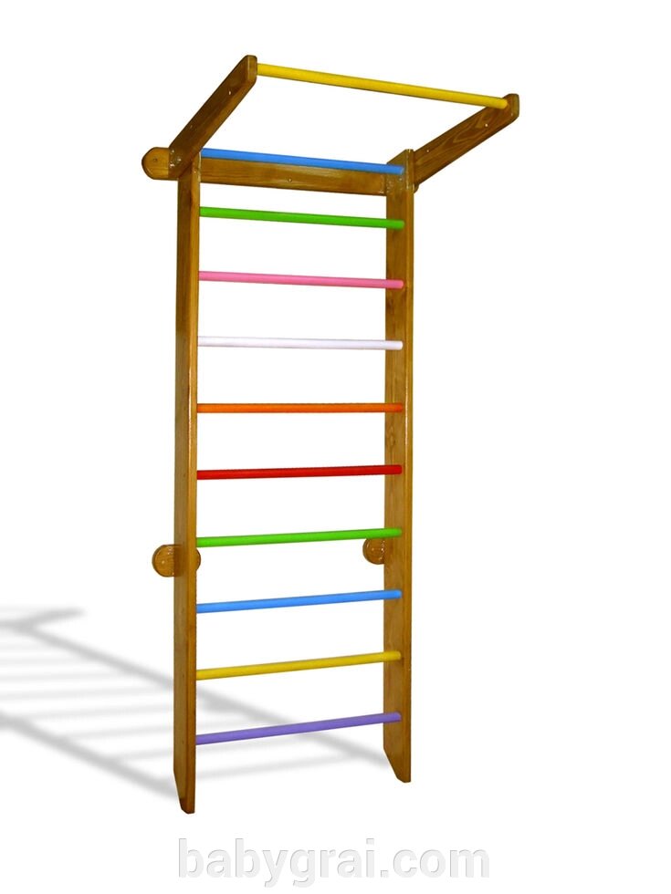 Шведська стінка з сосни в тонування ДУБ з кольоровими перекладинами від компанії Babygrai - фото 1