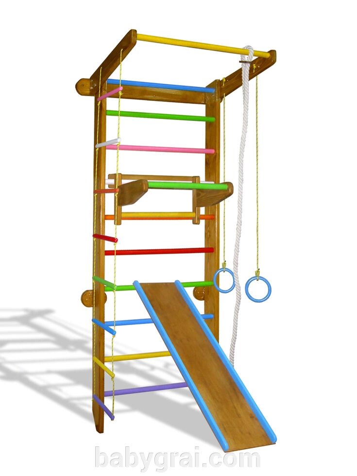 Спортивний куточок з сосни 225см в повній комплектації в тонування ДУБ з кольоровими перекладинами від компанії Babygrai - фото 1