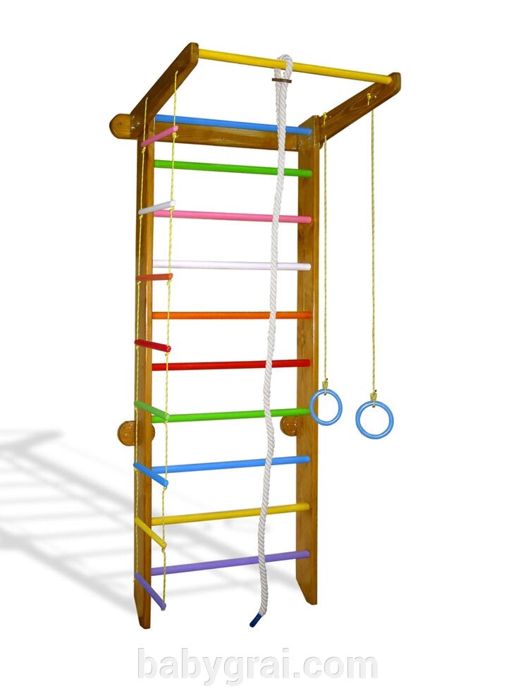 Спортивний куточок з сосни 225см в тонування ДУБ з кольоровими перекладинами від компанії Babygrai - фото 1