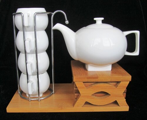 Чайний сервіз фарфор чайник 400 мл, 4 чашки 50 мл, 4 блюдця бамбук 230х200х130 мм