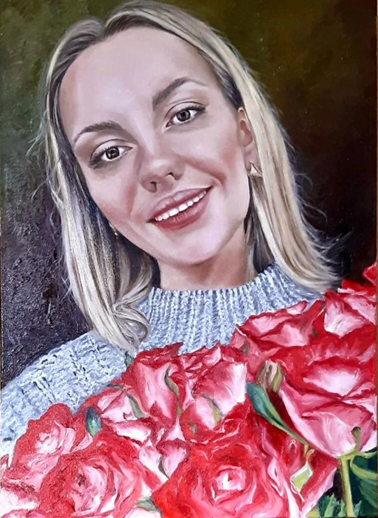 Портрет маслом  "Дівчина з трояндами" від компанії Інна Гончарова. Живопис. - фото 1