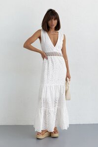 Довга сукня з прошви і мереживом на талії - білий колір, 38р ( є розміри )