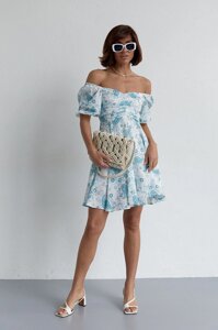 Літня сукня міні з драпіруванням спереду - бірюзовий колір, M ( є розміри )