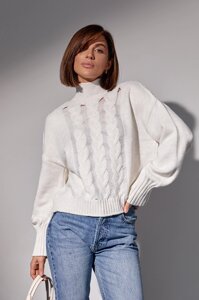 Вязаный женский свитер с косами - молочный цвет, M (есть размеры)