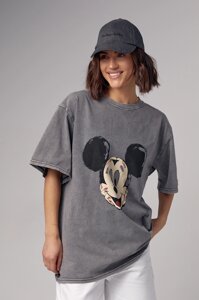 Женская футболка oversize с принтом Mickey Mouse - светло-серый цвет, M (есть размеры)