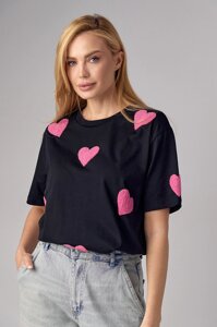 Жіноча футболка oversize із сердечками - чорний колір, S (є розміри)