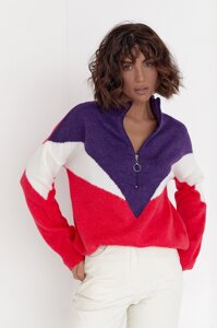 Женская трехцветкая кофта с молнией на воротнике - фиолетовый цвет, S (есть размеры)