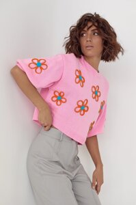 Жіночий укорочений джемпер з квіткової аплікацією - рожевий колір, S ( є розміри )