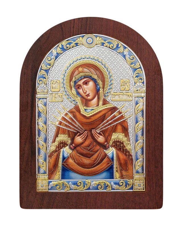 Грецька ікона "Образ Пресвятої Богородиці Семистрільна" 57х75мм від компанії Іконна лавка - фото 1