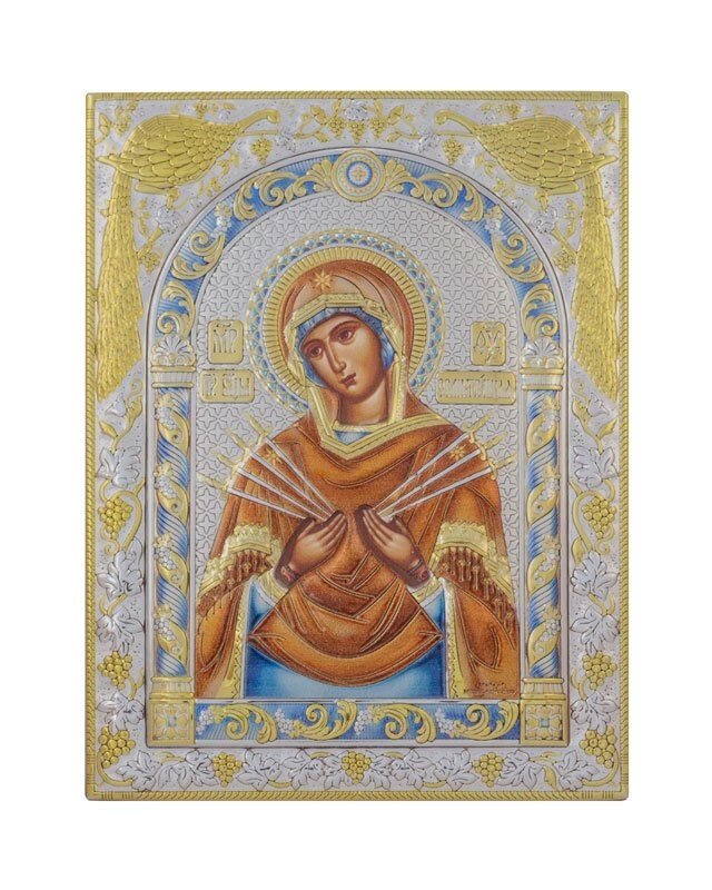 Греческая икона прямоугольная с эмалью "Богородица Семистрельная" 120х160мм від компанії Іконна лавка - фото 1
