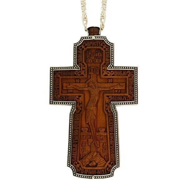 Хрест для священнослужителя дерев'яний у срібному ковчезі з ланцюгом від компанії Іконна лавка - фото 1