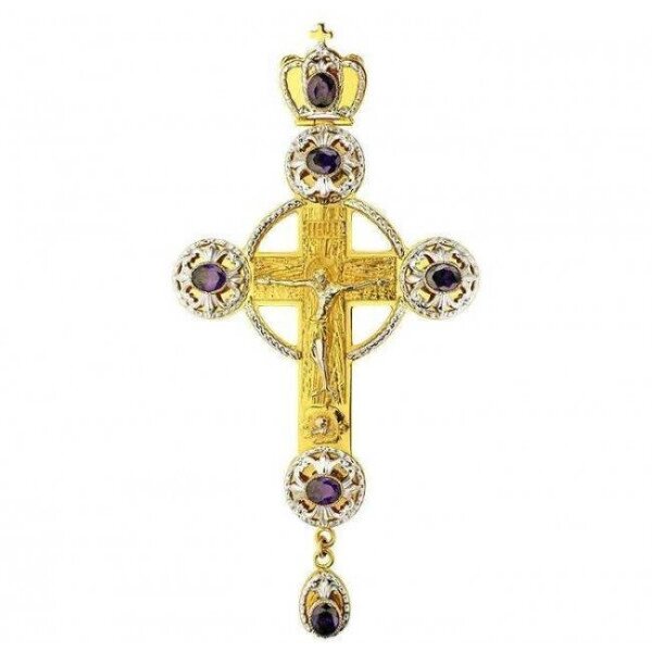 Хрест для священнослужителя латунний із вставками позолочений із литьовим розп'яттям від компанії Іконна лавка - фото 1